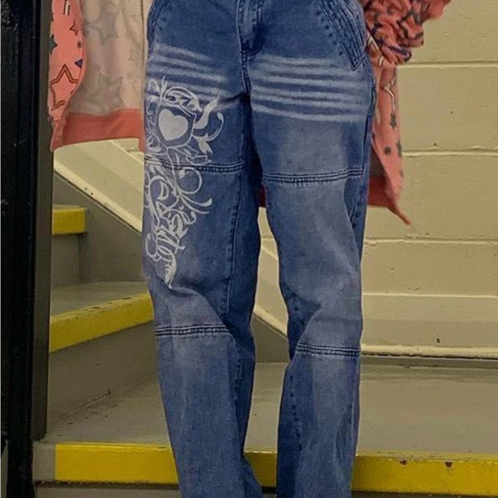 Y2K Women Distressed Denim Jeans Tribal Graphic Harajuku 90s Grunge Wide Leg Lrg